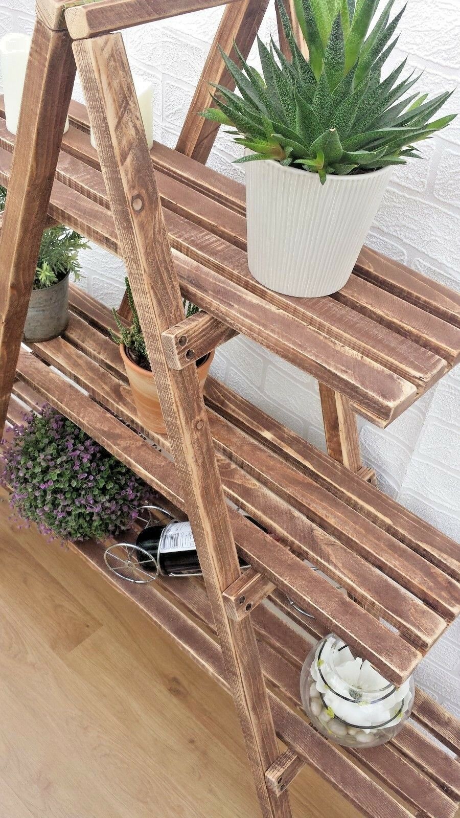 Rustic 3 Tier Wooden Ladder Shelf Shelves Bookcase Plant Flower Shelving