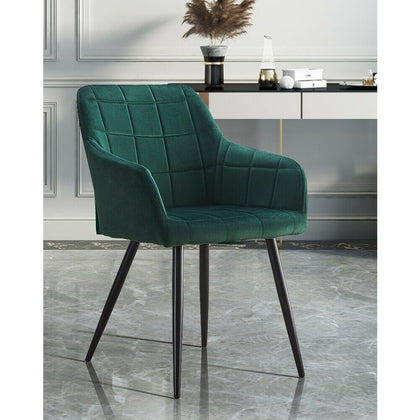 Set of 2 Modern Green Dining Chairs Velvet Fabric Armchairs ＆ Metal Legs Kitchen