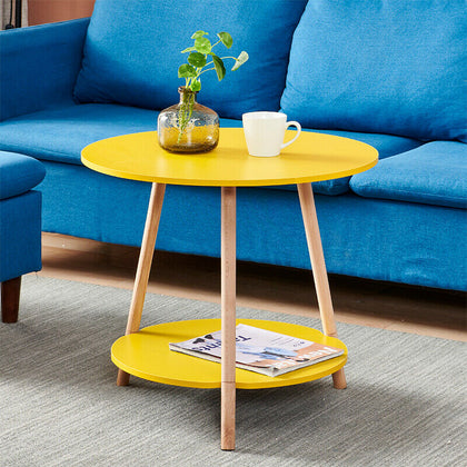 2 Tier Round Sofa Side End Corner Table Wooden Legs LivingRoom Kitchen Yellow