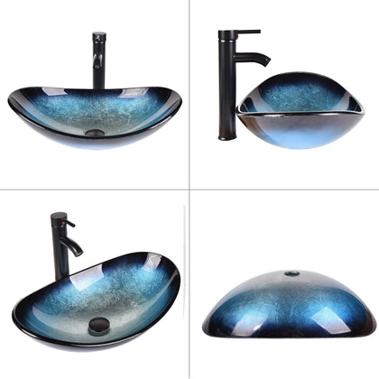 Boat Shape Bathroom Basin Tempered Glass Countertop Sink Cloakroom Wash Bowl Set