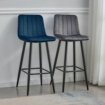 Set of 2 Breakfast Bar Stools Velvet Padded Seat Kitchen Pub Bar Chair Grey Blue