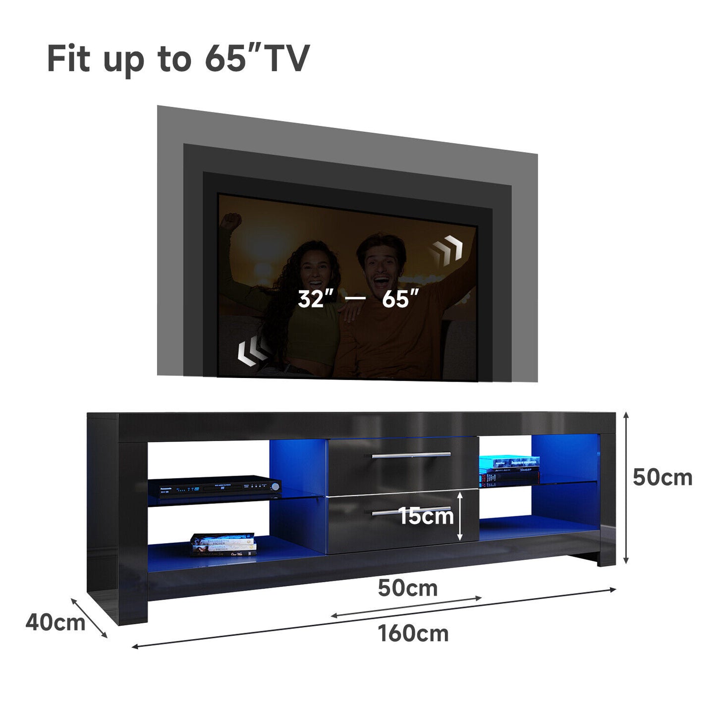 Black TV Stand Unit Cabinet Modern High Gloss Drawers 160cm with RGB LED Light