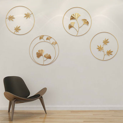 Metal Ginkgo Leaf Wrought Iron Hanging Ornament Gold Round Home Wall Decoration