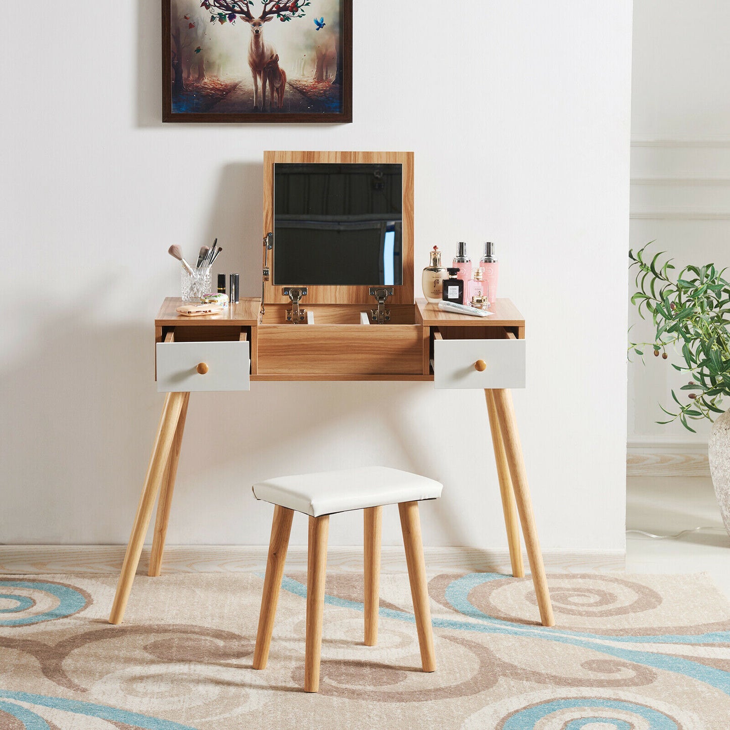 Modern Dressing Table Makeup Desk w/Flip-up Mirror 2 Drawers Storage & Stool