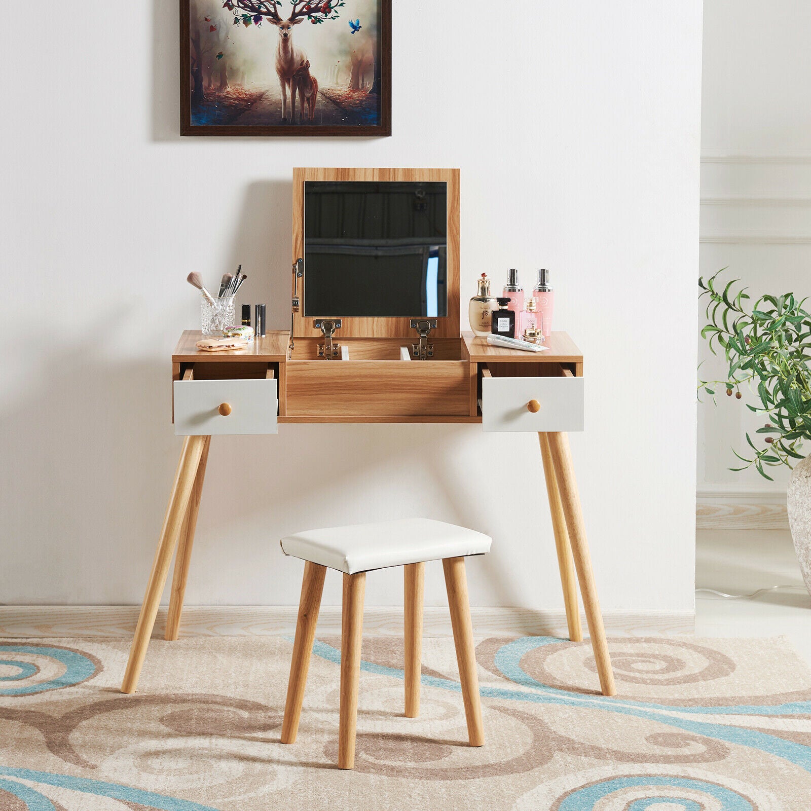 Modern Dressing Table Makeup Desk w/Flip-up Mirror 2 Drawers Storage & Stool