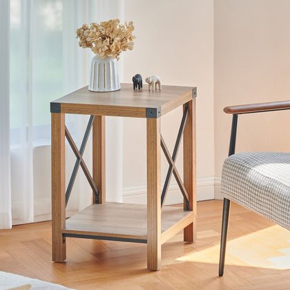 End Table with Shelf Side X Frames Metal Corner Protectors for Living Room Teak