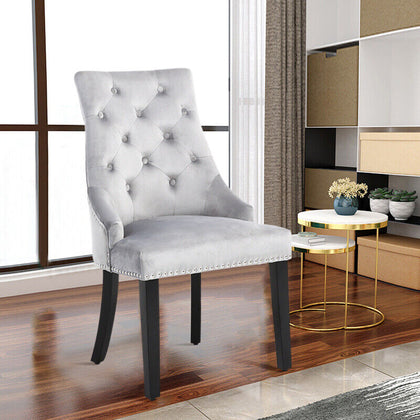 4X Dining Chairs Grey Velvet Buttoned Knocker Back Wood Leg Living Room Kitchen