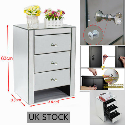 Mirrored Glass Furniture Bedside Table Cabinet 3 Drawers Bedroom NightStand uk