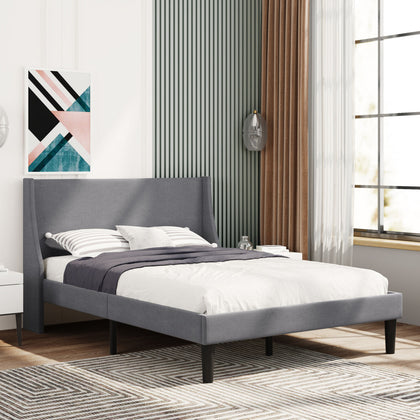Fabric Upholstered Bed 4ft6 Double Size Bed Frame with Wing Headboard in Grey