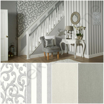 GLITTERATI PLATINUM SILVER WHITE WALLPAPER BY ARTHOUSE - SCROLL, STRIPE, PLAIN