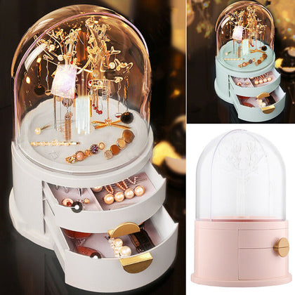 Plastic Jewellery Organizer Box Rotating Earrings Holder Rack with 2 Drawers