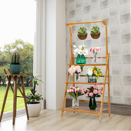 New 3-Tier Flower Plants Stand Bamboo Ladder Rack Garden Indoor Against Wall