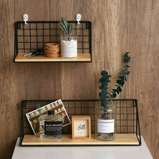 Vintage Industrial Wall Mounted Shelf Unit Metal Wire Floating Shelves Wood Rack