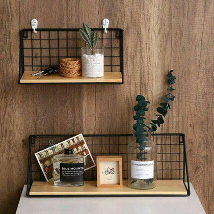 Vintage Industrial Wall Mounted Shelf Unit Metal Wire Floating Shelves Wood Rack