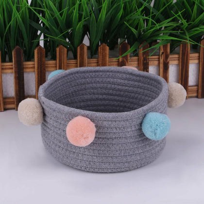 Baby Kids Woven Basket Toys Storage Clothes Hamper Laundry Bin Bag Pompom gift