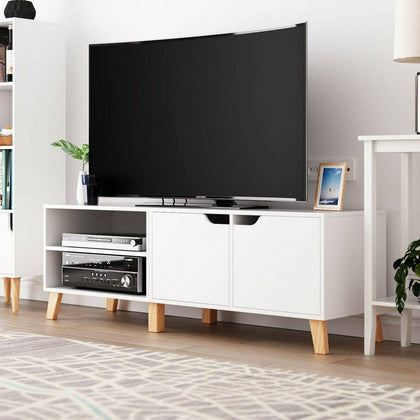 Elegant TV Stand Storage Cabinet Unit w/ Wood Legs 2 Cupboards 2 Shelves White