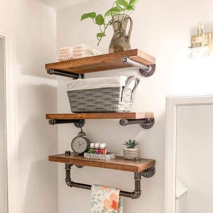 Set of 3 Floating Shelves Wall Mounted Wooden & Metal Storage Rack Display Decor