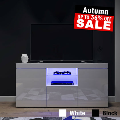 TV Unit Stand Cabinet High Gloss Door Sideboard With LED Light & Storage Drawers