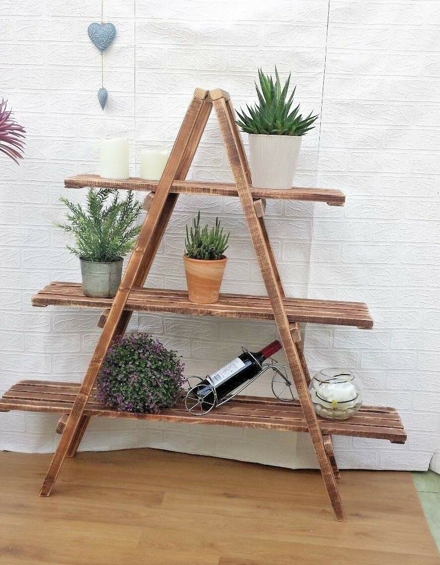 Rustic 3 Tier Wooden Ladder Shelf Shelves Bookcase Plant Flower Shelving