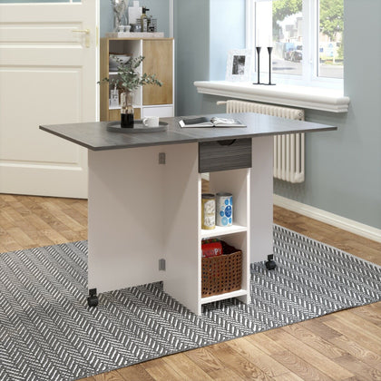Wooden Mobile Drop Leaf Dining Table Grey Folding Desk w/2 Wheels Storage Shelf