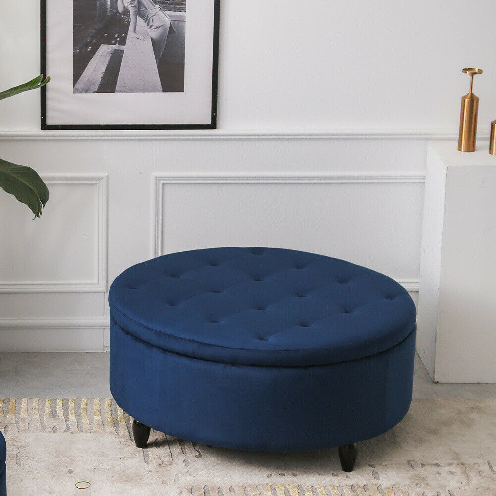 Round blue store ottoman with storage