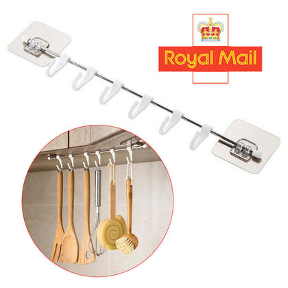 6 Hooks Holder Wall Hooks Movable Fixture Storage Rack Rail Utensil Tool Kitchen