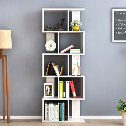 5 Tiers Wooden Bookshelf White S-shaped Bookcase Shelving Display Stand Storage