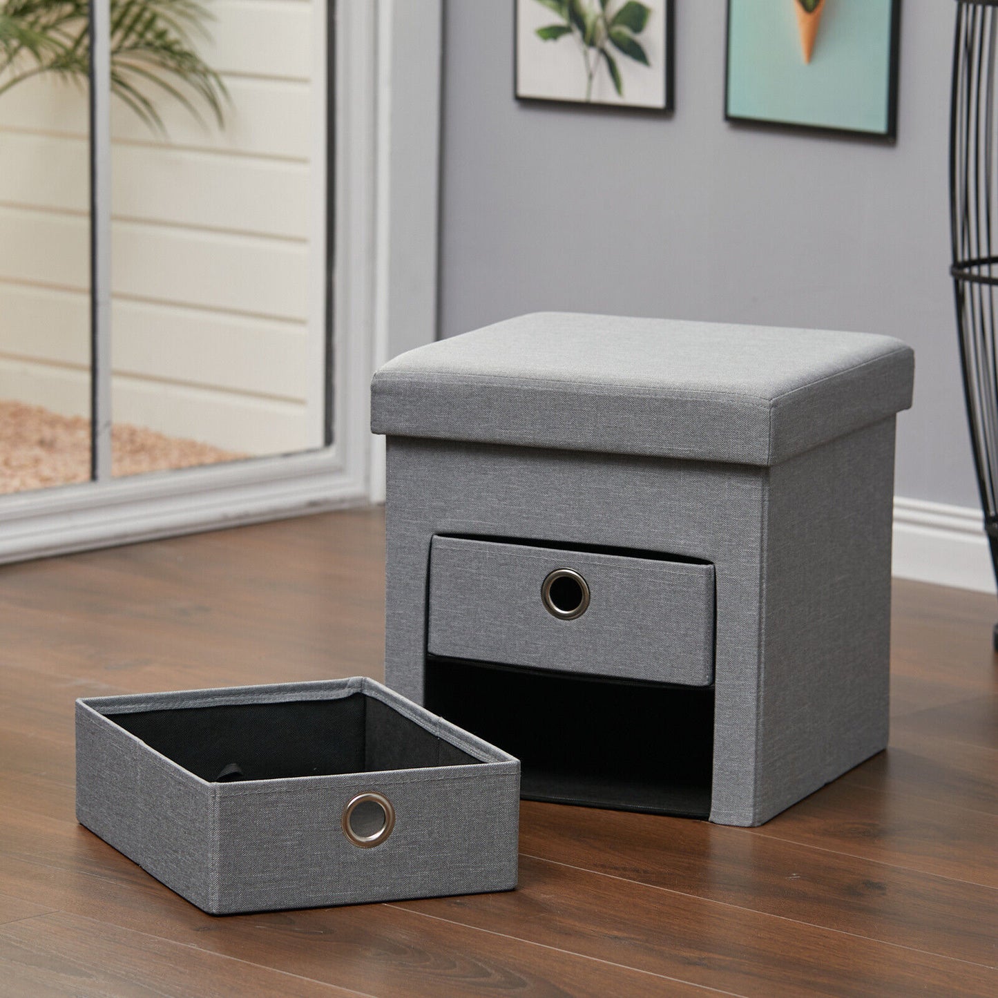 Linen Storage Stool Trunk Ottoman Pouffe Seat Footstool Chair Rect Box ChestGrey
