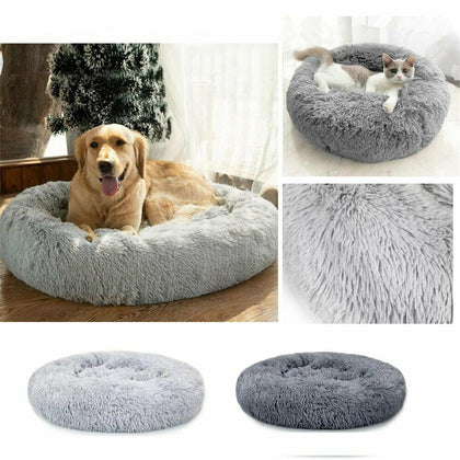 Pet Dog Cat Calming Bed Comfy Shag Warm Fluffy Cushion Mattress Fur Round Nest
