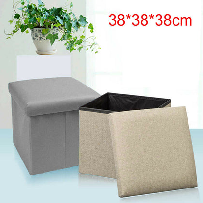 LARGE LINEN FOLDING STORAGE OTTOMAN POUFFE SEAT FOOT STOOL STORAGE BOX GREY