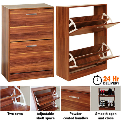 2 Drawer Shoe Cabinet Storage Cupboard Footwear Stand Rack Wooden Unit Walnut
