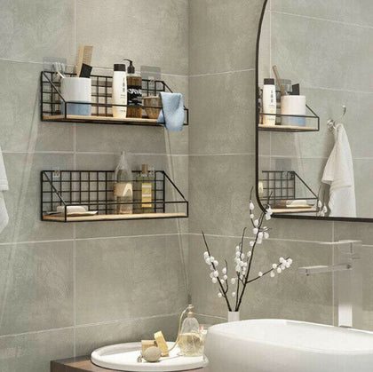 2pcs Vintage Industrial Wall Shelf Mounted Unit Wire Wooden Rack Storage Display