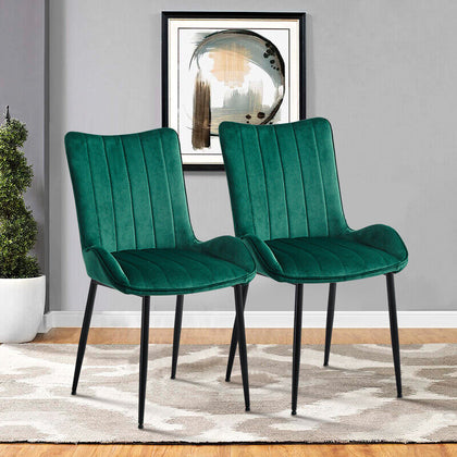 2 X Green Dining Chairs Bench Set Velvet Padded Seat Metal Leg Kitchen Chair New