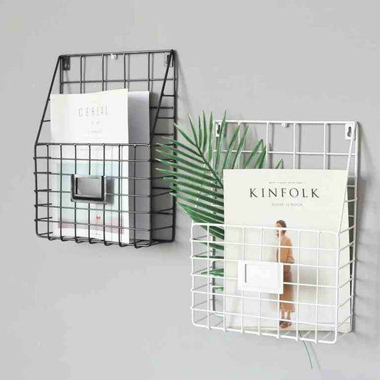 Simple Style Wire Magazine Newspaper Basket Wall Mounted Post Storage Rack Black