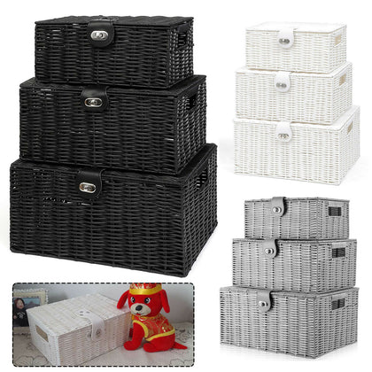 SET OF 3 Storage Baskets Resin Wicker Woven Hamper Box Lid Lock Stackable Unit
