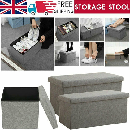 Grey Large Linen Folding Storage Ottoman Pouffe Seat Foot Stool Storage Box UK