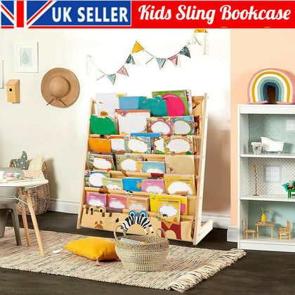 6-Tier Kids Wooden Book Shelf Sling Storage Rack Organizer Bookcase Bookshelf UK