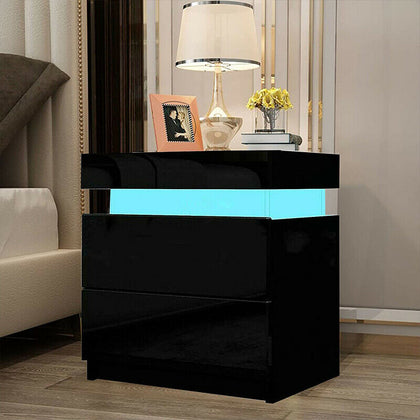 Black Bedside Table Cabinet Nightstand High Gloss 2 Drawer With RGB LED Light