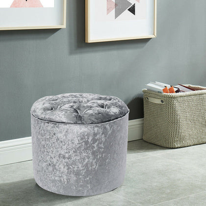 Cylindrical Stool Button Decorated Vanity Chair Footstool Velvet Fabric Pouffe