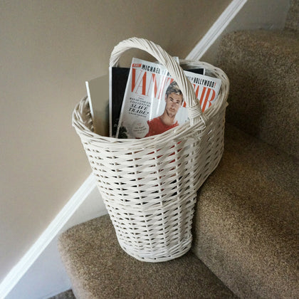 Oval Whitewash Wicker Stair Basket With Carry Handle Step Tidy/Organiser/Storage