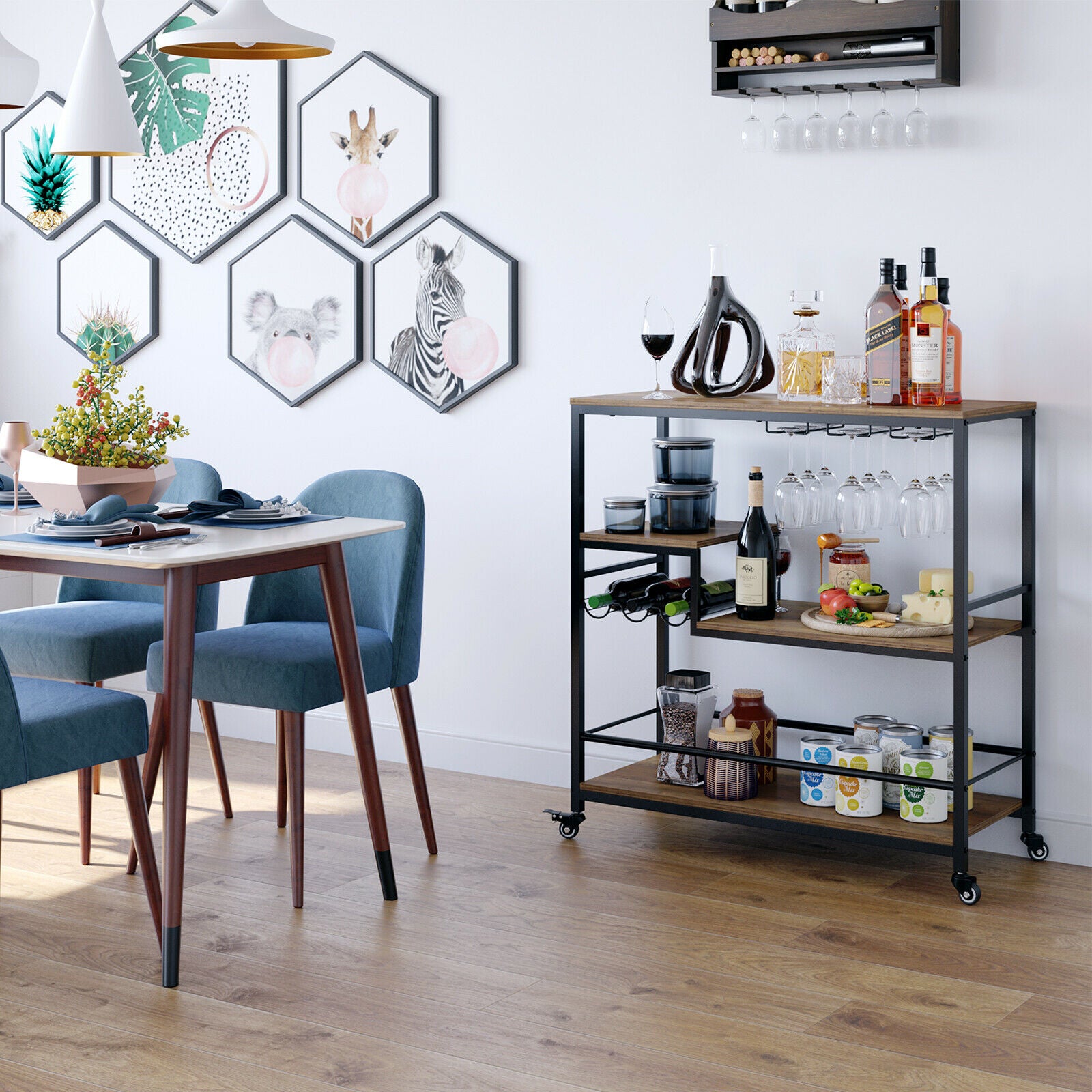 Kitchen Seving Rek Kitchen Trolley Serving Trolley with storage and Wine Rack Industrial ...