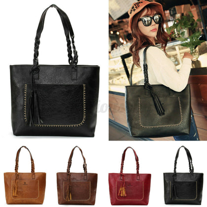 Large Women Leather Tassel Handbag Shoulder Bag School Messenger Satchel Tote