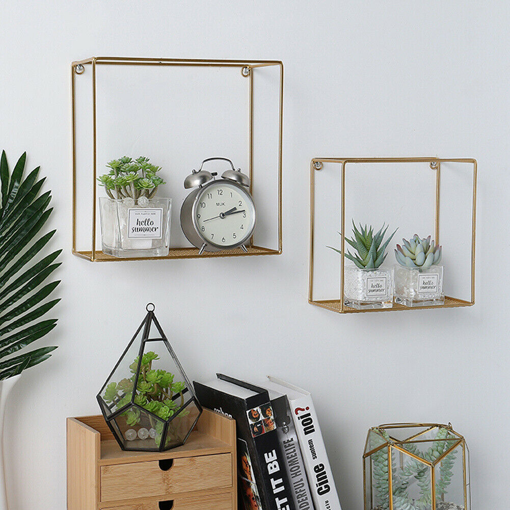 2pcs Wall Floating Shelf Metal Wire Cube Display Rack Shelving Unit Small+ Large