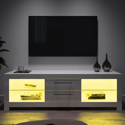 White TV Stand Modern High Gloss Doors 160cm with LED Lights Unit Cabinet
