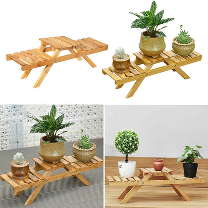 2Pack Bamboo Plant Pot Stand Holder Flower Display Shelf Garden Patio In/Outdoor