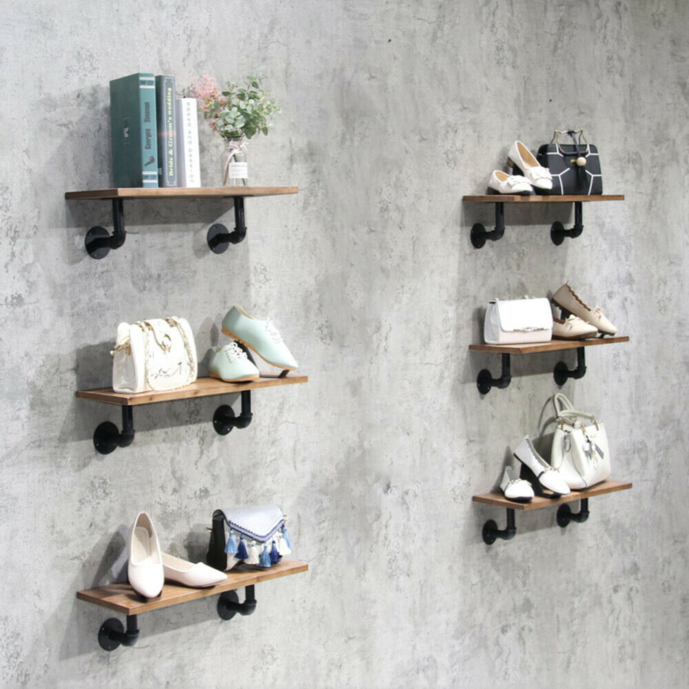 Shelving Unit Vintage Industrial Pipe Wooden Metal Wall Floating Shelf Storage