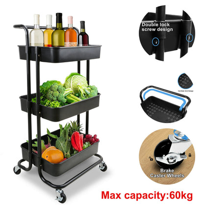 3 Tier Kitchen Trolley Salon Hairdresser Storage Cart Rack Rolling Wheels Black