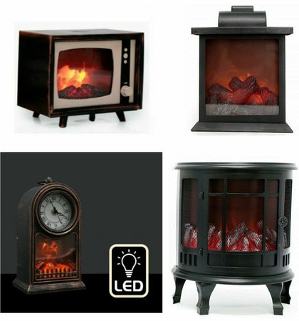 Retro Flameless Flickering LED Log Burner Fireplace Decoration Lantern Lamp Gift