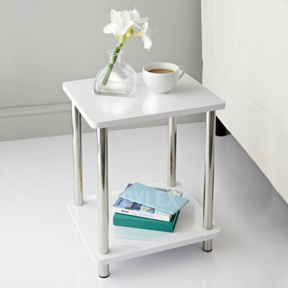 Small 2 Tier White Gloss Finish Side Table with Shelf Bedroom Coffee End Table