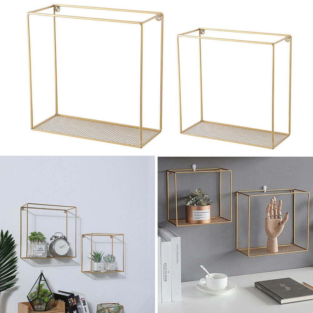 2pcs Floating Modern Gold Wall Shelf Storage Shelves Metal Bookcase Rack Decor